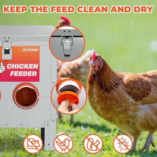 4 Port Automatic Chicken Feeder, No Waste Poultry Feeder with Lid - size: 4 Ports (25 LBS)