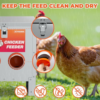 4 Port Automatic Chicken Feeder, No Waste Poultry Feeder with Lid - size: 4 Ports (25 LBS)