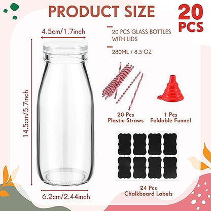 Tioncy 20 Pack 8.5 oz Reusable Glass Milk Bottles with Lids and Straws