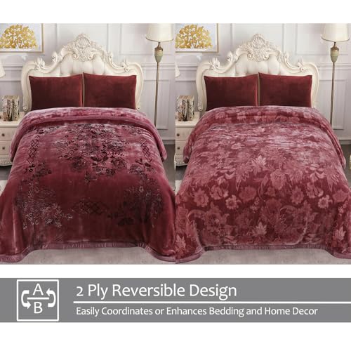 JML Plush Fleece Blanket 87" x 94", 10.5 Pounds Korean Style Mink Blanket King Size for Winter - Soft and Warm, 2 Ply A&B Printed Embossed Raschel Bed Blanket (Flowers Branches Woodrose) | Korean Style, 2 Ply, A&B Printed Embossed, Soft, Warm for Winter (