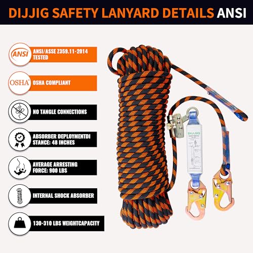 Rope Harness Safety Lanyard 150ft Vertical Roofing Rope With Grab Snap Hook - size: 150ft