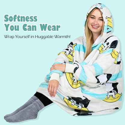 Catalonia Oversized Blanket Hoodie, Banana Dog Fleece Wearable Blanket - color: Banana Dog White