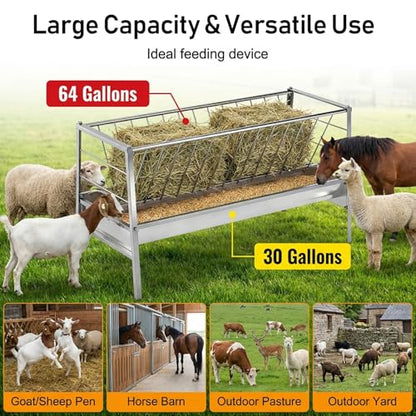 Goat Hay Feeder with Grain Water Pan, 94-Gallon Capacity|Stainless Steel Frame|Safe Rounded Edges, 63" Long Livestock Hay Rack for Goats, Sheep, Cow, Horse