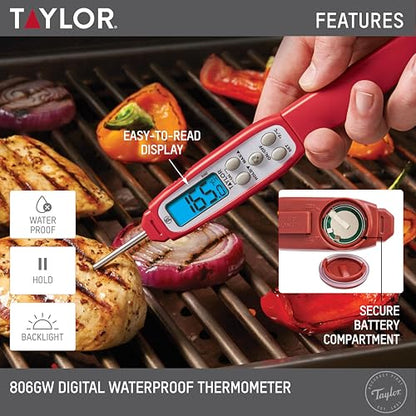 Taylor Digital Instant Read Waterproof Meat Thermometer with Backlight - color: Red