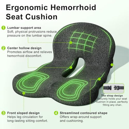 Seat Cushion, Seat Cushions for Office Chair, Ergonomic Coccyx Cushion, Breathable Non-Slip Memory Foam Pad for Long Sitting, Gaming Chair & Car Seat - color: Dark Gray