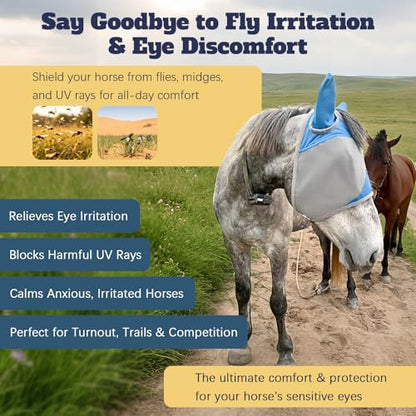Horse Fly Mask with Ears, Breathable UV Protection Mesh, Large Eye Space No Rubbing, Soft Fleece Trim, Adjustable Comfort Fit, Lightweight Horse Mask for Summer Turnout (M) - size: Medium