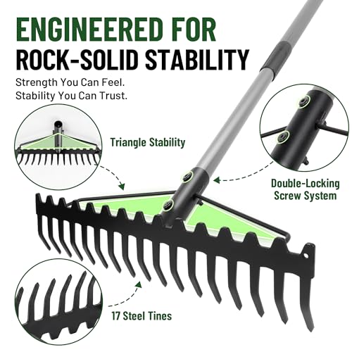 Walensee Heavy Duty Dual-Sided Bow Rake, 63" Stainless Steel Handle, Heat-Treated Manganese Steel Head, 17 Steel Tines Metal Garden Rake for Soil Loosening, Yard Leveling, Lawn Care and Thatch Removal