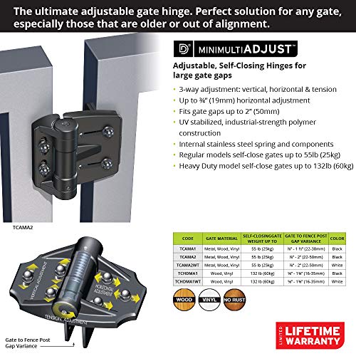 D&D Technologies TCAMA2 Multi-Adjust Regular Duty Gate Hinges, For Self Closing Metal, Wood, Vinyl Gates up to 55 Pounds, 3-Way Adjustable, Gap up to 2", For Square Gate Frame and Post, Black, 2 Count | 3-way adjustable gate hinge, 2" gate gap, self-close