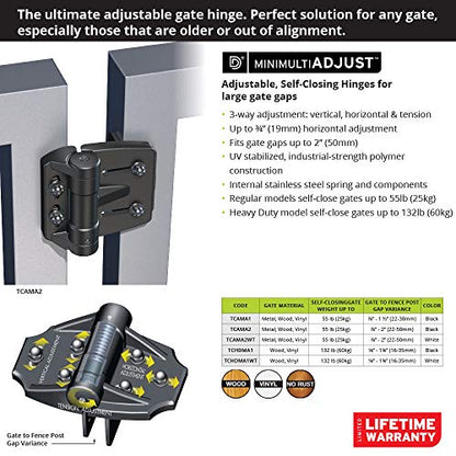 D&D Technologies TCAMA2 Multi-Adjust Regular Duty Gate Hinges, For Self Closing Metal, Wood, Vinyl Gates up to 55 Pounds, 3-Way Adjustable, Gap up to 2", For Square Gate Frame and Post, Black, 2 Count | 3-way adjustable gate hinge, 2" gate gap, self-close