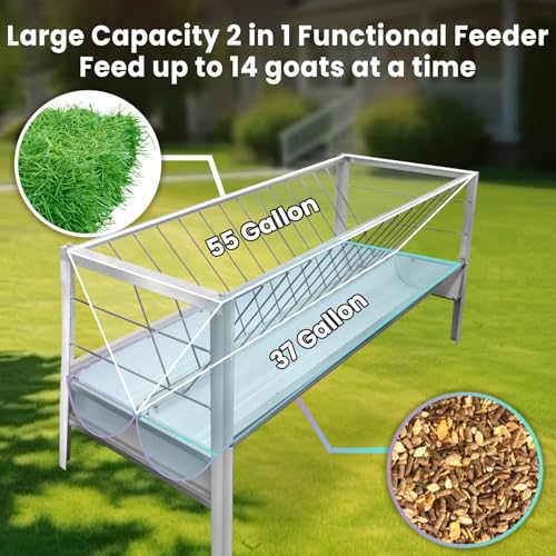 VOHALA 92 Gallon Hay and Grain Feeder for Goats, Galvanized Steel 2-in-1 Livestock Feeder with 37 Gallon Feed Pan, Heavy Duty Freestanding Hay Rack for Sheep, Easy Assembly for Outdoor Farm Use
