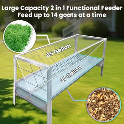 VOHALA 92 Gallon Hay and Grain Feeder for Goats, Galvanized Steel 2-in-1 Livestock Feeder with 37 Gallon Feed Pan, Heavy Duty Freestanding Hay Rack for Sheep, Easy Assembly for Outdoor Farm Use