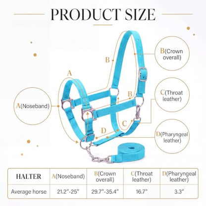 2 Pack Nylon Horse Halter with Reins Adjustable | Training, Show, Pony, Padded, Reinforced, Brass Snap, Equine Stable Supply - color: Turquoise