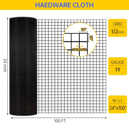 Hardware Cloth, Galvanized Chicken Wire Fence, 19 Gauge Vinyl Coated Wire Mesh Roll, Black Welded Wire Fencing Roll Gopher Wire Mesh Roll for Garden Fencing Rabbit Snake Wire (Black 24IN 100FT) - color: 24" x 100' Black