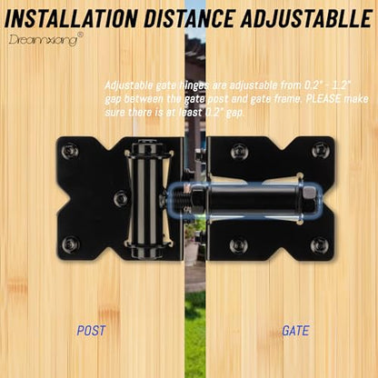 Heavy Duty Non-Weld Self Closing Gate Hinges Adjustable Hardware 2 Pack | 90 Degree Gate Hinges Kit for Wood/Vinyl/Metal/Outdoor Fence, with Self-Tapping Screws and Swing Adjuster Tool
