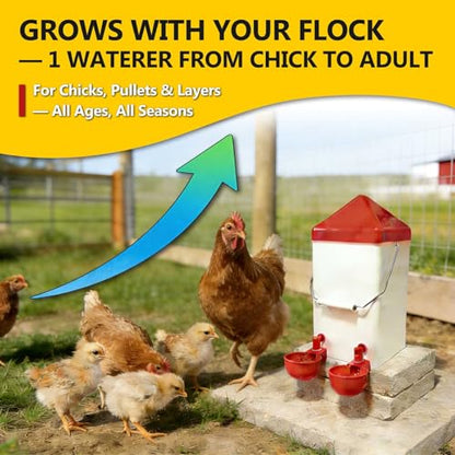 PVC Hanging Chicken Waterer with Hook, 1 Gal, 2 Auto-Fill Cups & Nipples