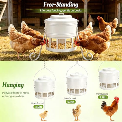 Metal Chicken Feeder, 20Lbs Large No Waste Chicken Feeder with 12 Ports, Heavy Duty Poultry Feeder with Lid & Handle, Rat Proof Rust Proof Feed Box for Chickens Ducks Geese Backyard Farm (White) - color: White