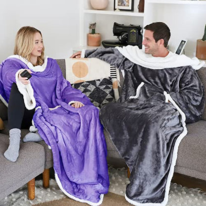 Catalonia Sherpa Wearable Blanket with Sleeves and Pocket for Adults - color: Purple, size: Standard Pocket