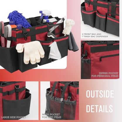 SCAVATA Wearable Cleaning Caddy, Cleaning Caddy Supplies Organizer with Handle & Shoulder Straps for Housekeepers, Under Sink & Car Cleaning Tool Organizers Bag with 4 Foldable Divider (Wine) - color: Wine