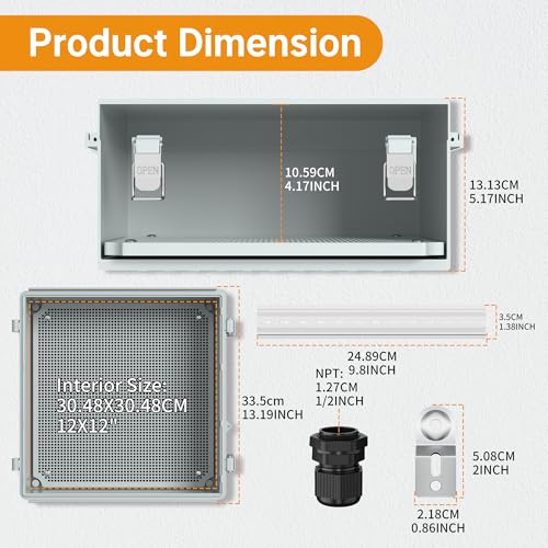 Joinfworld Outdoor Waterproof Electrical Box 13x13x5 | IP67 water&UV proof box, 304 stainless latch, durable plastic, plate&rail, wall/freestand for marine, solar, Starlink & more - size: 13“x13"x5.1"