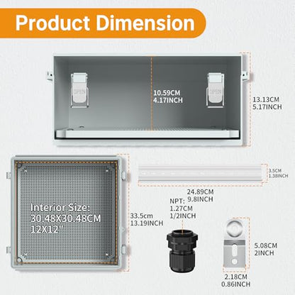 Joinfworld Outdoor Waterproof Electrical Box 13x13x5 | IP67 water&UV proof box, 304 stainless latch, durable plastic, plate&rail, wall/freestand for marine, solar, Starlink & more - size: 13“x13"x5.1"