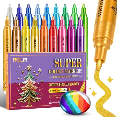 IVSUN Metallic Markers, 18 Colors Glitter Acrylic Gold Paint Pens | Super Golden Markers for Black Paper, Rock, Glass, Wood, Scrapbooking, Photo Albums, Card Making, DIY Crafts Supplies - color: 18 Colors