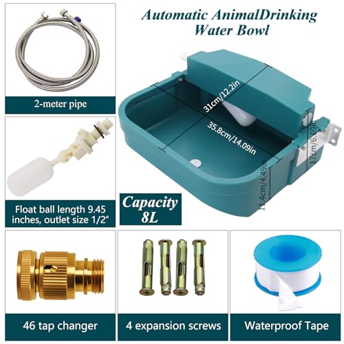 Automatic Water Dispenser for Large Dogs 8L Animal Drinking Water Bowl with Float Valve and Drainage Hole Livestock Animals Dispenser Waterer for Chicken,Horse,Calf,Dog,Goat (Green, With 79 Inch Pipe)