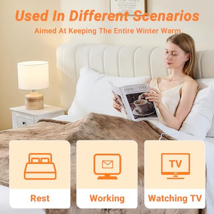 Electric Blanket Heated King, Soft Flannel 100"x90" Heating Blanket with 8 Hours Auto Off 10 Fast Heating Levels Machine Washable Sherpa Heated Blanket with Overheating Protection - color: Tan, size: King(100" x 90")