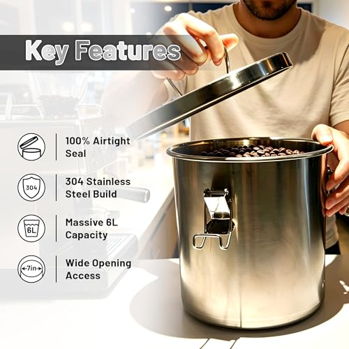 304 Stainless Steel Airtight Food Storage Container, 6L/1.59Gal Large Canister with Lock Clips & Lid, Heavy Duty Metal Bucket for Rice, Flour, Grain, Coffee Beans, Kitchen Pantry Jar - size: 6L