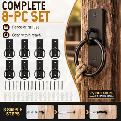 Fumete 8 Pcs Horse Tie Rings, Solid Steel Cross Tie Rings with Screws & Expansion Anchors, Wall Mount for Barn Stall Fence Concrete Trailer Grooming, Cross Tying & Tethering, Black (Square) - style: Square