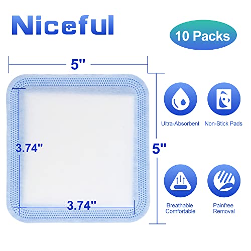 Niceful Super Absorbent Wound Dressing 5" x 5" (10 Pcs) – Sterile Non Stick Gauze Pads for Wound Care, Heavy Exudate Large Bandages for Pressure Ulcers, Bedsores, Diabetic Foot Ulcers - size: 5"x5"(10PCS)