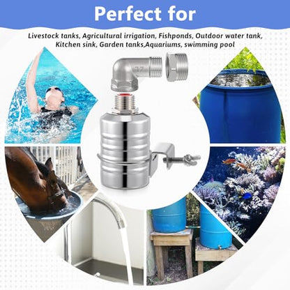 2 Packs 304 Stainless Steel Float Valve Automatic Water Level Control Float Valve 1/2" To 3/4'' Auto Shut off Water Tank Floats with Side/Top Entry for Fish Tank Swimming Pool Troughs