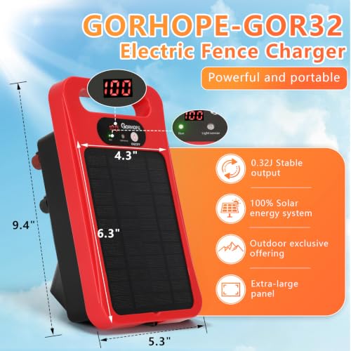 0.32J Solar Electric Fence Charger with Panel for Livestock, 20-Mile Red - color: Red