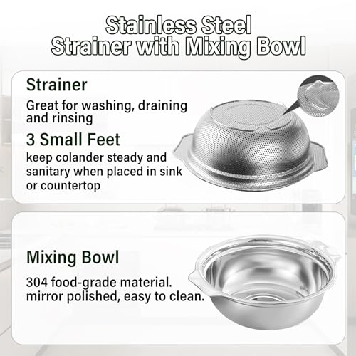 Stainless Steel Colander for Kitchen, 2.5QT Rice Washer Strainer with Mixing Bowl, Colander Bowl Set with Microporous for Washing Rice, Pasta, Spaghetti, Fruits, Dishwasher Safe(2PC) - size: 2.5QT