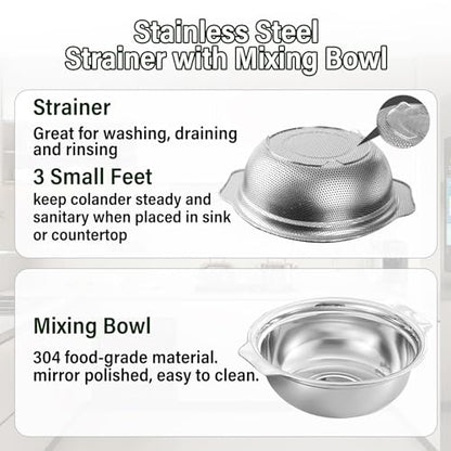 Stainless Steel Colander for Kitchen, 2.5QT Rice Washer Strainer with Mixing Bowl, Colander Bowl Set with Microporous for Washing Rice, Pasta, Spaghetti, Fruits, Dishwasher Safe(2PC) - size: 2.5QT