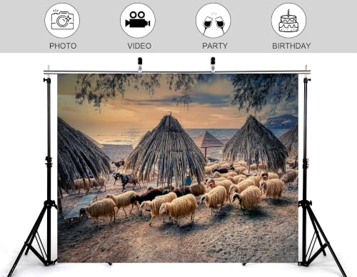 10x8ft Fabric Beach Straw Hut Sheep Backdrop Thatched Beach Umbrella Flock Wool Sheep Sandy Shore Calm Sea Sunset Sky Tapestry Beach Party Decorations Photo Booth Props - size: 10x8ft