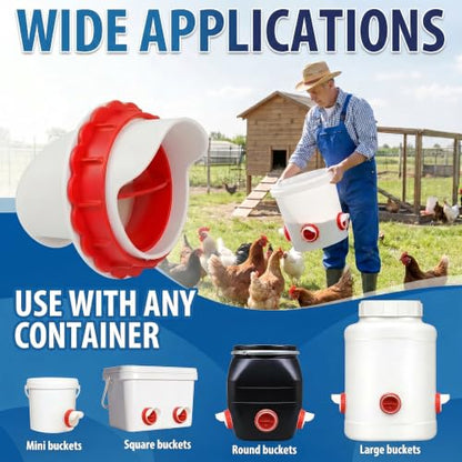DIY Chicken Feeder Ports, 6 Ports Chicken Feeder No Waste, DIY Automatic Poultry Feeder Cups Kit, Rain Proof Gravity Feeder Port with Hole Saw for Buckets Barrels Bins Troughs