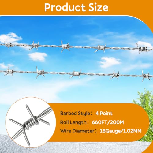 Real Barbed Wire 660FT（200M）, 4 Point Galvanized Barb Wire 18 Gauge - size: 660FT - 200M