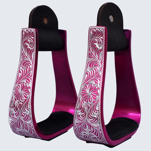 HILASON Western Aluminum Horse Riding Stirrups – Engraved Floral Design with Rubber Tread - color: Pink