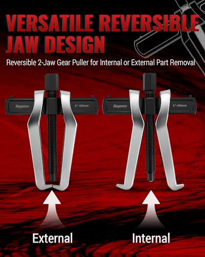 Reywoo 4" 2-Jaw Gear Puller for External (4.4" Max) & Internal (4.79" Max) Pulling, Heavy-Duty Bearing, Flywheel, Pulley and Gear Remover Tool, Adjustable CR-V Steel - size: Max External 4.4"