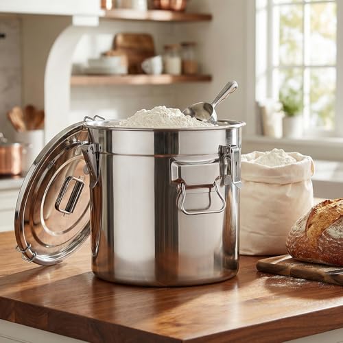 QWORK 5.5 Gallon 304 Stainless Steel Airtight Container, 21L 710oz Metal Storage Bin with Locking Lid & Side Handles, Heavy Duty Canister for Pet Food, Rice, Flour