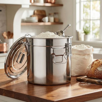 QWORK 5.5 Gallon 304 Stainless Steel Airtight Container, 21L 710oz Metal Storage Bin with Locking Lid & Side Handles, Heavy Duty Canister for Pet Food, Rice, Flour