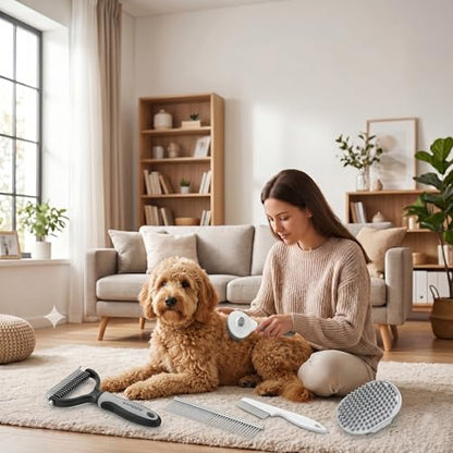 5-in-1 Dog Grooming Kit with Self Cleaning Brush & Rake, Grey - color: Gray
