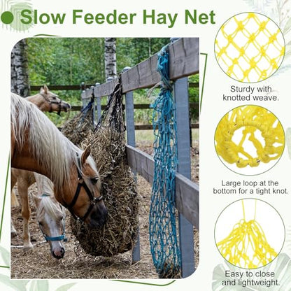 Slow Feeder Hay Net, 40" Length 2" Holes Strong Load-Bearing, Nylon Slow Feed Bag Hay Feeder, (Yellow, 2 Pcs), Intended for Horses/Goats/Trailer/Stall - color: Yellow