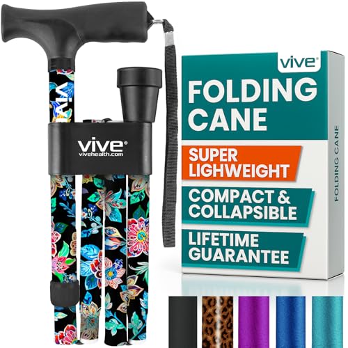 Vive Folding Cane - Foldable Walking Cane for Men, Women - Fold-up - color: Neon Flower
