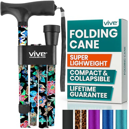Vive Folding Cane - Foldable Walking Cane for Men, Women - Fold-up - color: Neon Flower