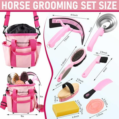 Cunhill 9 Pcs Horse Grooming Kit Tack Room Supplies, Classic, Pink - color: Pink, style: Classic