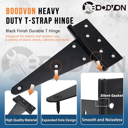 8 Inch T-Strap Gate Hinges, Shed Barn Door Hinges Heavy Duty, Black Tee Hinges for Wooden Fences, Yard Gate, Wrought Hardware Iron Rustproof (2Pack/Set) - size: 8 Inch