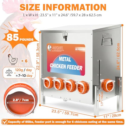 85 Pounds Automatic Chicken Feeder 6 Ports Large Gravity Fed Chicken Feeder with Adjustable Legs Perspective Window Latch & Handle for Chickens Bantams Pheasants - size: 6 Ports - 85-120 LBS with Legs