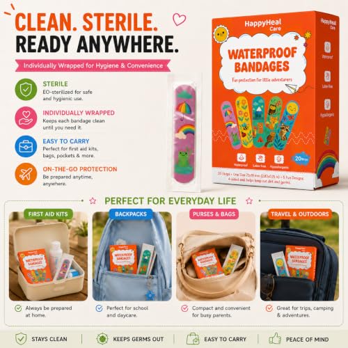 Waterproof Self-Adhesive Bandages, Sterile & Individually Wrapped, Fun Cartoon Designs, Latex-Free, Hypoallergenic, 4-Sided Seal, First Aid for Minor Cuts, Scrapes & Wounds