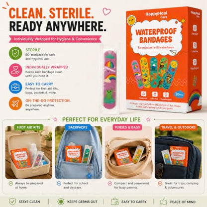 Waterproof Self-Adhesive Bandages, Sterile & Individually Wrapped, Fun Cartoon Designs, Latex-Free, Hypoallergenic, 4-Sided Seal, First Aid for Minor Cuts, Scrapes & Wounds